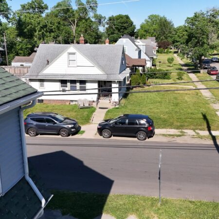 Aerial view of new vinyl siding and gutter guards on a South Bend, IN home