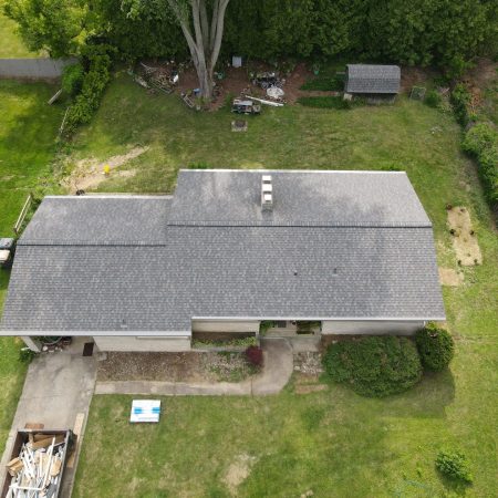Overhead view of a finished roof replacement in Berrien Springs, MI