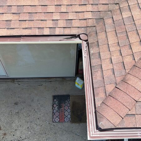 Inside corner of a seamless gutter with Solution gutter guard in Berrien Springs, MI