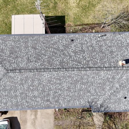 Overhead drone view of the completed hip roof replacement in Baroda, MI