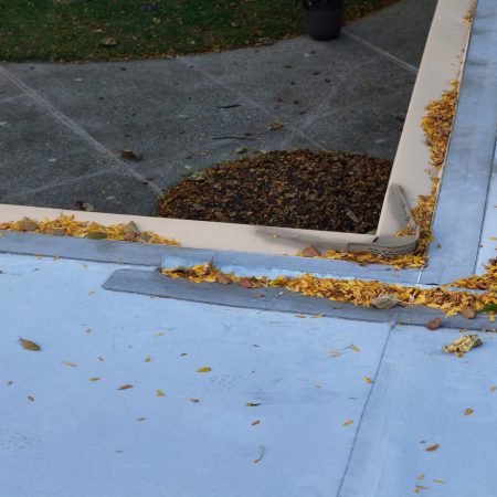 Fascia-mount Gutter Topper beside a flat rubber roof in St. Joseph, MI