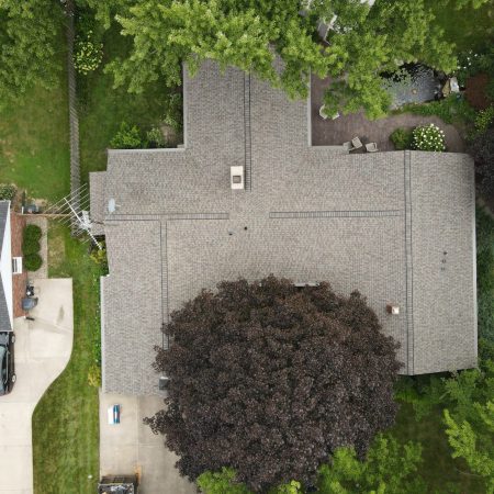 Overhead view of completed roof replacement in Stevensville, MI